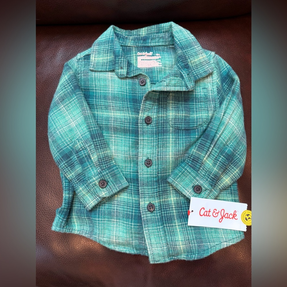 Cat & Jack Teal Plaid Flannel Button Down Shirt- 12M- NWT